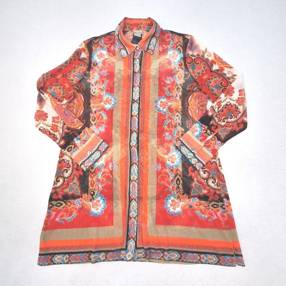 Chico's Travelers Top Womens Small Petite Orange Paisley Mesh Blouse